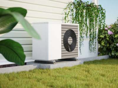 Modern white heat pump unit installed on a concrete pad beside a house with green landscaping.