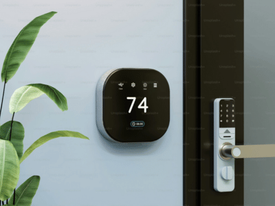 Modern smart thermostat mounted on light blue wall.