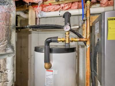 White cylindrical water heater tank in a basement utility room.